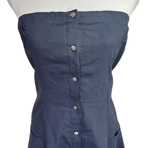 Theory Kayleigh Soft Crunch Linen-Blend Midi Dress Strapless Navy Size 6 - Picture 2 of 12